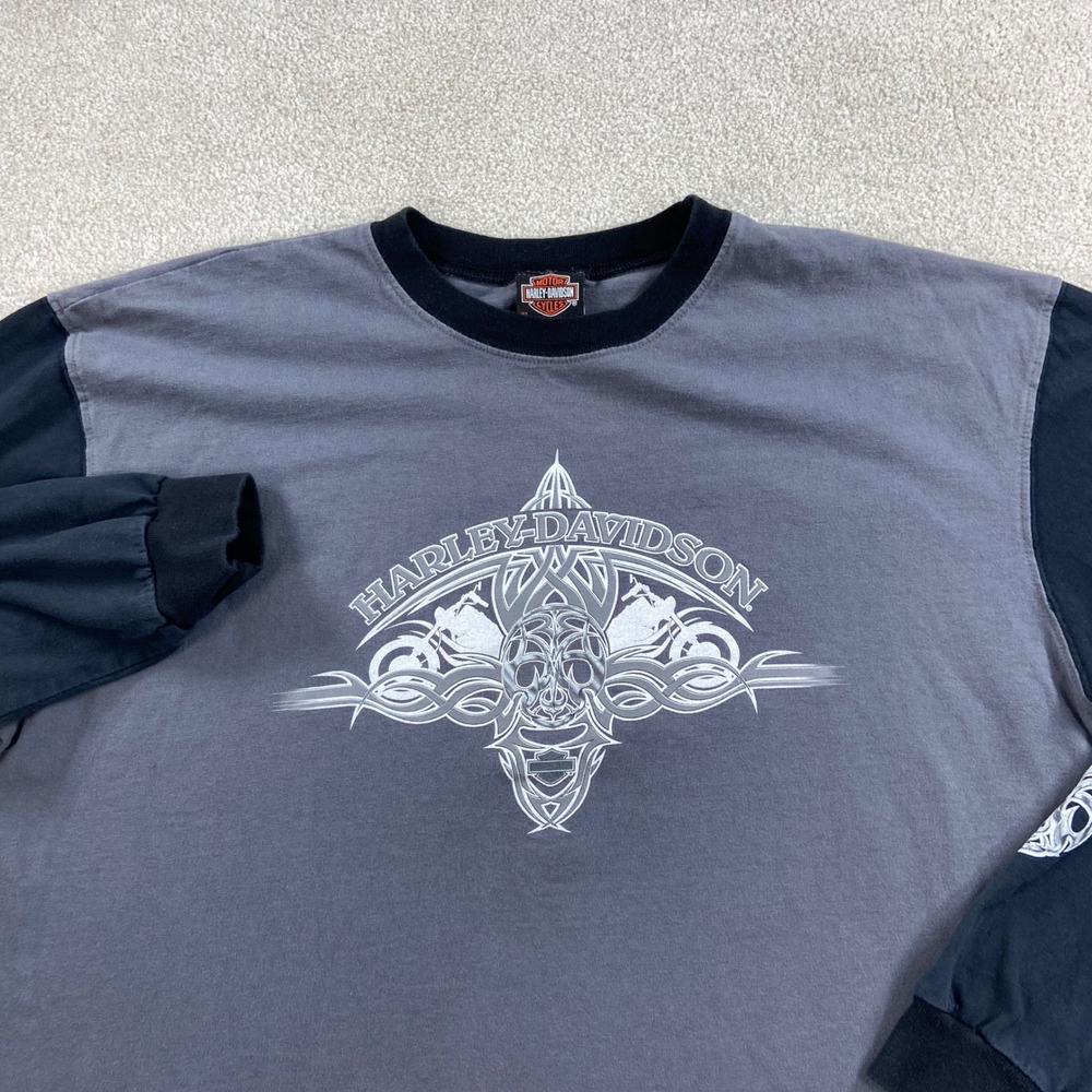 Harley Davidson T-Shirt Mens XL Gray Black Long Sleeve Tribal Skull Rocklin CA